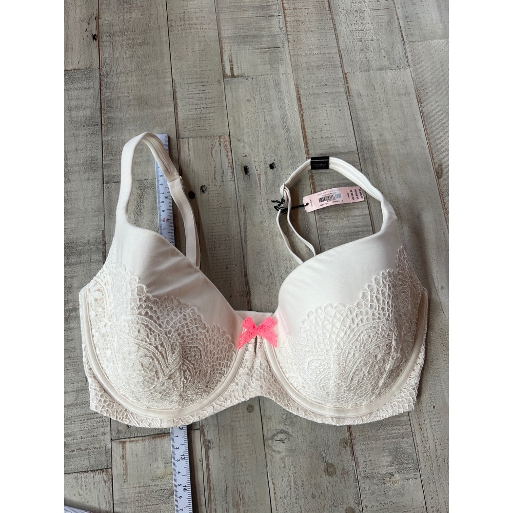 Victorias Secret Body‎ by Victoria Lined Demi Bra 34DDD Ivory Lace Pink 
Bow NEW